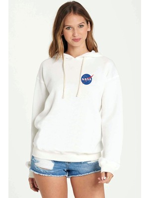 Qivi Uzay Logo Baskılı Beyaz Kadın Örme Kapşonlu Sweatshirt Uzun Kol