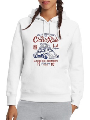 Qivi Wv The Classic Ride Baskılı Beyaz Kadın Örme Kapşonlu Sweatshirt Uzun Kol