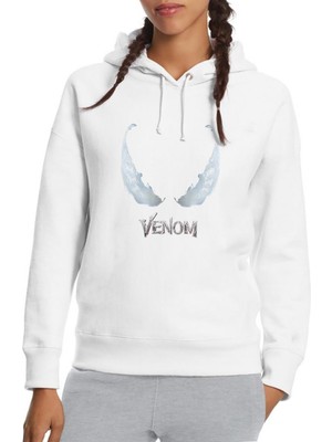 Qivi Venom Baskılı Beyaz Kadın Örme Kapşonlu Sweatshirt Uzun Kol
