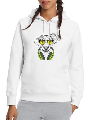 Qivi Gözlük ve Kulaklık Köpek Baskılı Beyaz Kadın Örme Kapşonlu Sweatshirt Uzun Kol