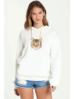 Qivi Polygonal Head Cat Kedi Baskılı Beyaz Kadın Örme Kapşonlu Sweatshirt Uzun Kol