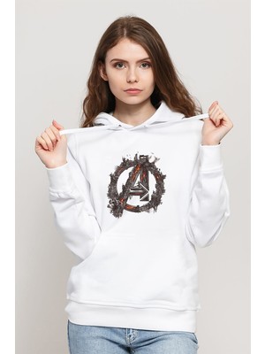 Qivi Avengers Logo Baskılı Beyaz Kadın Örme Kapşonlu Sweatshirt Uzun Kol