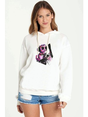 Qivi Leon The Professional Gun Mathilda Sevginin Baskılı Beyaz Kadın Örme Kapşonlu Sweatshirt Uzun Kol