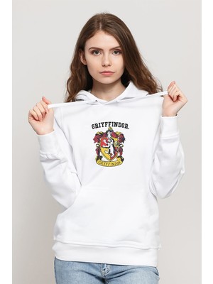 Qivi Grıyffındor Baskılı Beyaz Kadın Örme Kapşonlu Sweatshirt Uzun Kol