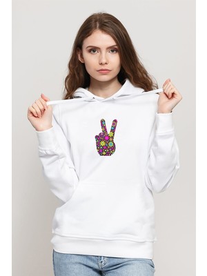 Qivi Peace Sign Transparent Baskılı Beyaz Kadın Örme Kapşonlu Sweatshirt Uzun Kol
