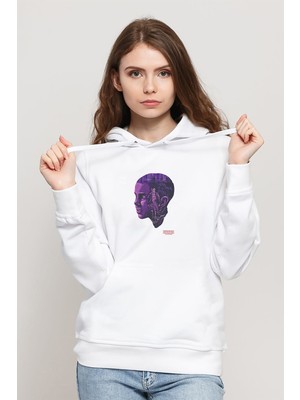 Qivi Stranger Things Eleven Mor Baskılı Beyaz Kadın Örme Kapşonlu Sweatshirt Uzun Kol