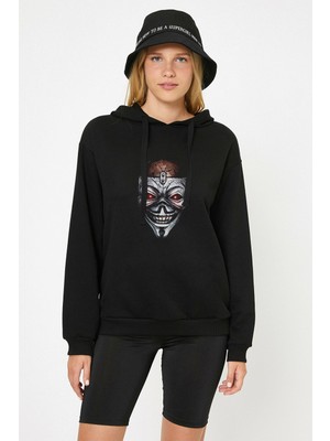 Qivi Iran Maiden Skull Baskılı Siyah Kadın Örme Kapşonlu Sweashirt Uzun Kol