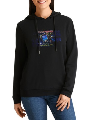 Qivi Megadeth The Final Frontier Baskılı Siyah Kadın Örme Kapşonlu Sweashirt Uzun Kol