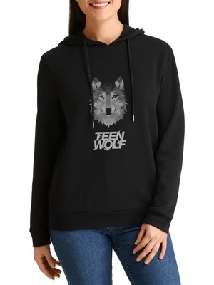 Qivi Teen Wolf 2 Baskılı Siyah Kadın Örme Kapşonlu Sweashirt Uzun Kol