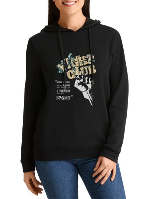 Qivi Club Metal Rock Muzik Music Baskılı Siyah Kadın Örme Kapşonlu Sweashirt Uzun Kol