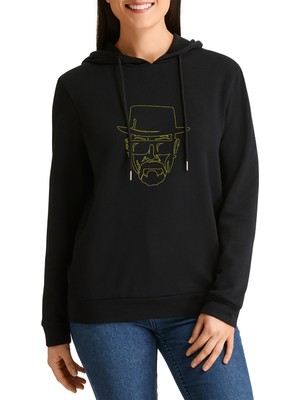 Qivi Silhouette Walter White Baskılı Siyah Kadın Örme Kapşonlu Sweashirt Uzun Kol