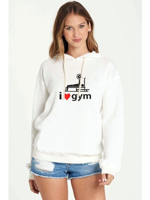 Qivi I Love Gym Baskılı Beyaz Kadın Örme Kapşonlu Sweatshirt Uzun Kol