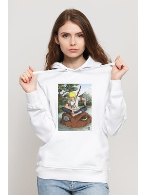 Qivi Anime Naruto Moon Baskılı Beyaz Kadın Örme Kapşonlu Sweatshirt Uzun Kol