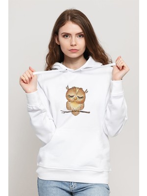Qivi Owl Uykucu Baykuş Baskılı Beyaz Kadın Örme Kapşonlu Sweatshirt Uzun Kol