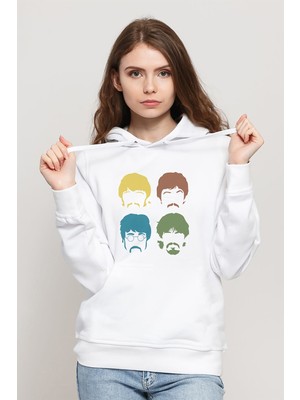 Qivi Beatles 1 Baskılı Beyaz Kadın Örme Kapşonlu Sweatshirt Uzun Kol