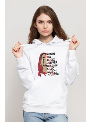 Qivi La Casa De Papel Baskılı Beyaz Kadın Örme Kapşonlu Sweatshirt Uzun Kol