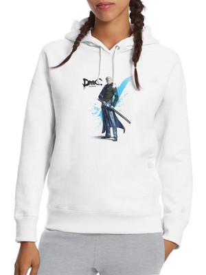Qivi Dmc Vergil Devil May Cry Baskılı Beyaz Kadın Örme Kapşonlu Sweatshirt Uzun Kol