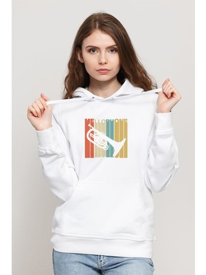 Qivi Silhouette Mellophone Vintage Style Baskılı Beyaz Kadın Örme Kapşonlu Sweatshirt Uzun Kol