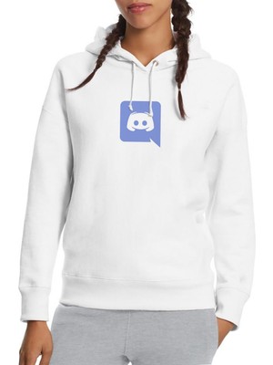 Qivi Discord Logo Baskılı Beyaz Kadın Örme Kapşonlu Sweatshirt Uzun Kol