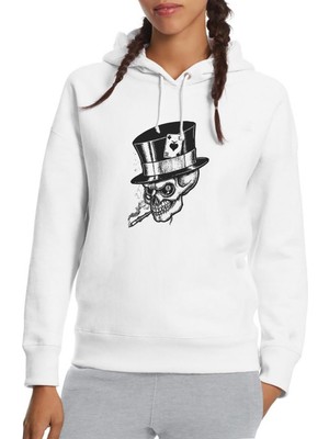 Qivi Gamblıng Smoke Skull Baskılı Beyaz Kadın Örme Kapşonlu Sweatshirt Uzun Kol