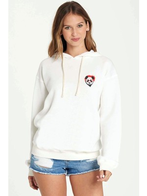 Qivi Gözlüklü Panda Cep Baskılı Beyaz Kadın Örme Kapşonlu Sweatshirt Uzun Kol