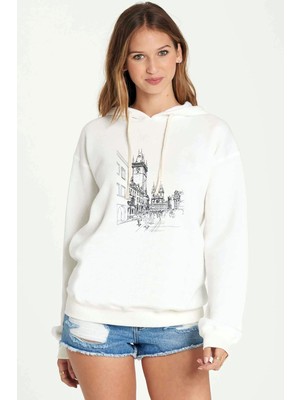 Qivi Silhouette Old Town Charles Bridge Baskılı Beyaz Kadın Örme Kapşonlu Sweatshirt Uzun Kol
