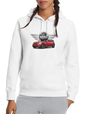 Qivi Mini Cooper Baskılı Beyaz Kadın Örme Kapşonlu Sweatshirt Uzun Kol