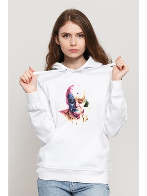 Qivi Ttan Lee Marvel Color Baskılı Beyaz Kadın Örme Kapşonlu Sweatshirt Uzun Kol