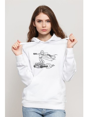 Qivi Anime One Punch Man Baskılı Beyaz Kadın Örme Kapşonlu Sweatshirt Uzun Kol