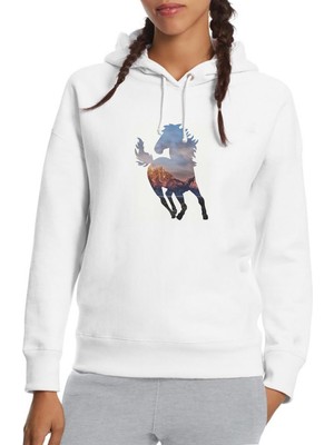 Qivi Silhouette Wild Mustang Horse Baskılı Beyaz Kadın Örme Kapşonlu Sweatshirt Uzun Kol