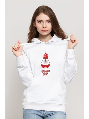 Qivi Stranger Things Ampul Baskılı Beyaz Kadın Örme Kapşonlu Sweatshirt Uzun Kol