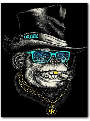 Caka Tablo Ahşap Tablo Altın Dişli ve Zincir Kolyeli Maymun