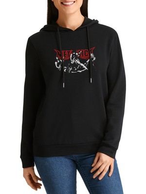 Qivi Metallica Mac Baskılı Siyah Kadın Örme Kapşonlu Sweashirt Uzun Kol