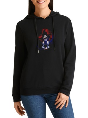 Qivi Naruto Anime Baskılı Siyah Kadın Örme Kapşonlu Sweashirt Uzun Kol