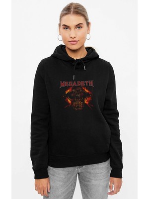 Qivi Megadeth Skull Kurukafa Baskılı Siyah Kadın Örme Kapşonlu Sweashirt Uzun Kol