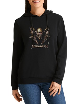 Qivi Megadeth Vic Dave Mustaine Baskılı Siyah Kadın Örme Kapşonlu Sweashirt Uzun Kol