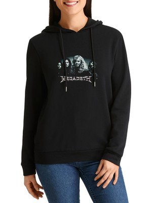 Qivi Megadeth Grup Metal Rock Müzik Music Baskılı Siyah Kadın Örme Kapşonlu Sweashirt Uzun Kol