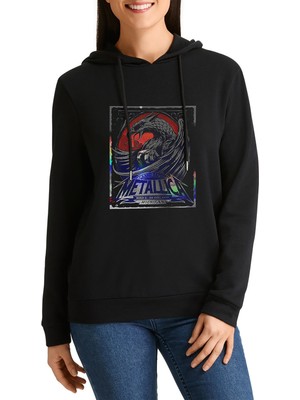 Qivi Metaallica Gran Rapids Metal Rock Müzik Baskılı Siyah Kadın Örme Kapşonlu Sweashirt Uzun Kol