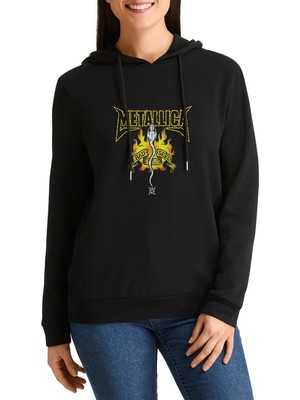 Qivi Bad Seed Metal Rock Baskılı Siyah Kadın Örme Kapşonlu Sweashirt Uzun Kol