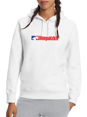 Qivi Limp Bizkit Logo Baskılı Beyaz Kadın Örme Kapşonlu Sweatshirt Uzun Kol