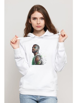 Qivi Basketbol Sporcu Baskılı Beyaz Kadın Örme Kapşonlu Sweatshirt Uzun Kol