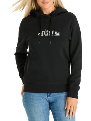 Qivi Evolutionthe Beat Of Evolution Baskılı Siyah Kadın Örme Kapşonlu Sweatshirt Uzun Kol