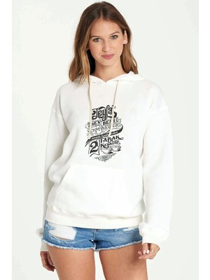 Qivi Leyla Sev Beni Baskılı Beyaz Kadın Örme Kapşonlu Sweatshirt Uzun Kol