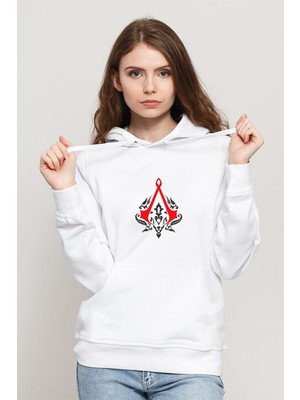Qivi Assassin's Creed Baskılı Beyaz Kadın Örme Kapşonlu Sweatshirt Uzun Kol