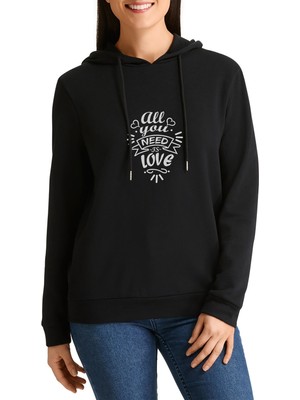 Qivi All You Need Is Love Baskılı Siyah Kadın Örme Kapşonlu Sweatshirt Uzun Kol