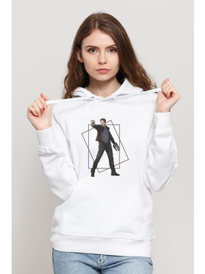Qivi Star Lord Galaxy Of The Guardians Baskılı Beyaz Kadın Örme Kapşonlu Sweatshirt Uzun Kol