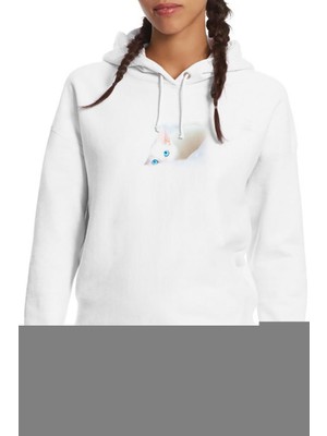 Qivi Blue Eyed Cats Kedi Baskılı Beyaz Kadın Örme Kapşonlu Sweatshirt Uzun Kol