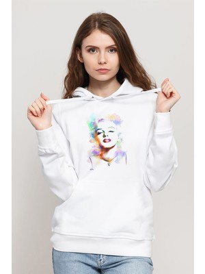 Qivi Marilyn Monroe Baskılı Kadın Örme Kapüşonlu Beyaz Sweatshirt Uzun Kol