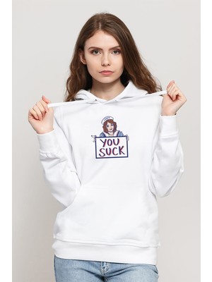 Qivi Stranger Things You Suck Baskılı Kadın Örme Kapüşonlu Beyaz Sweatshirt Uzun Kol