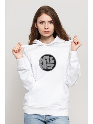 Qivi Yumruk Baskılı Beyaz Kadın Örme Kapşonlu Sweatshirt Uzun Kol